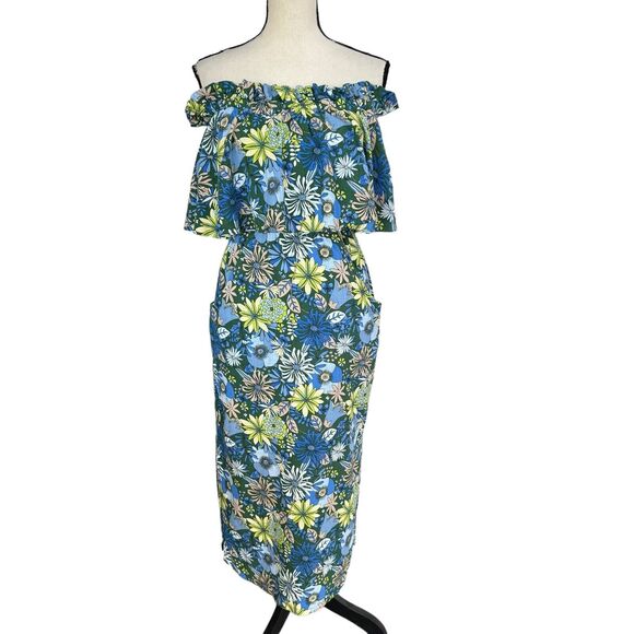 INC X-Small Midi Dress Floral Elastic Waist Off-Shoulder Pockets Side Slit Multi - Picture 1 of 9